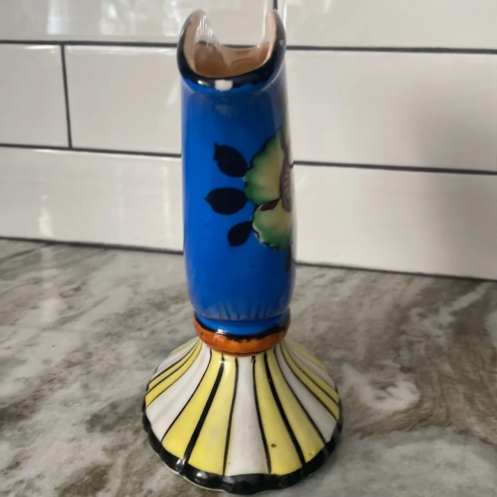 Art Deco Style Sakura Ware Fan Vase, Made in Japan hand painted. Colorful floral